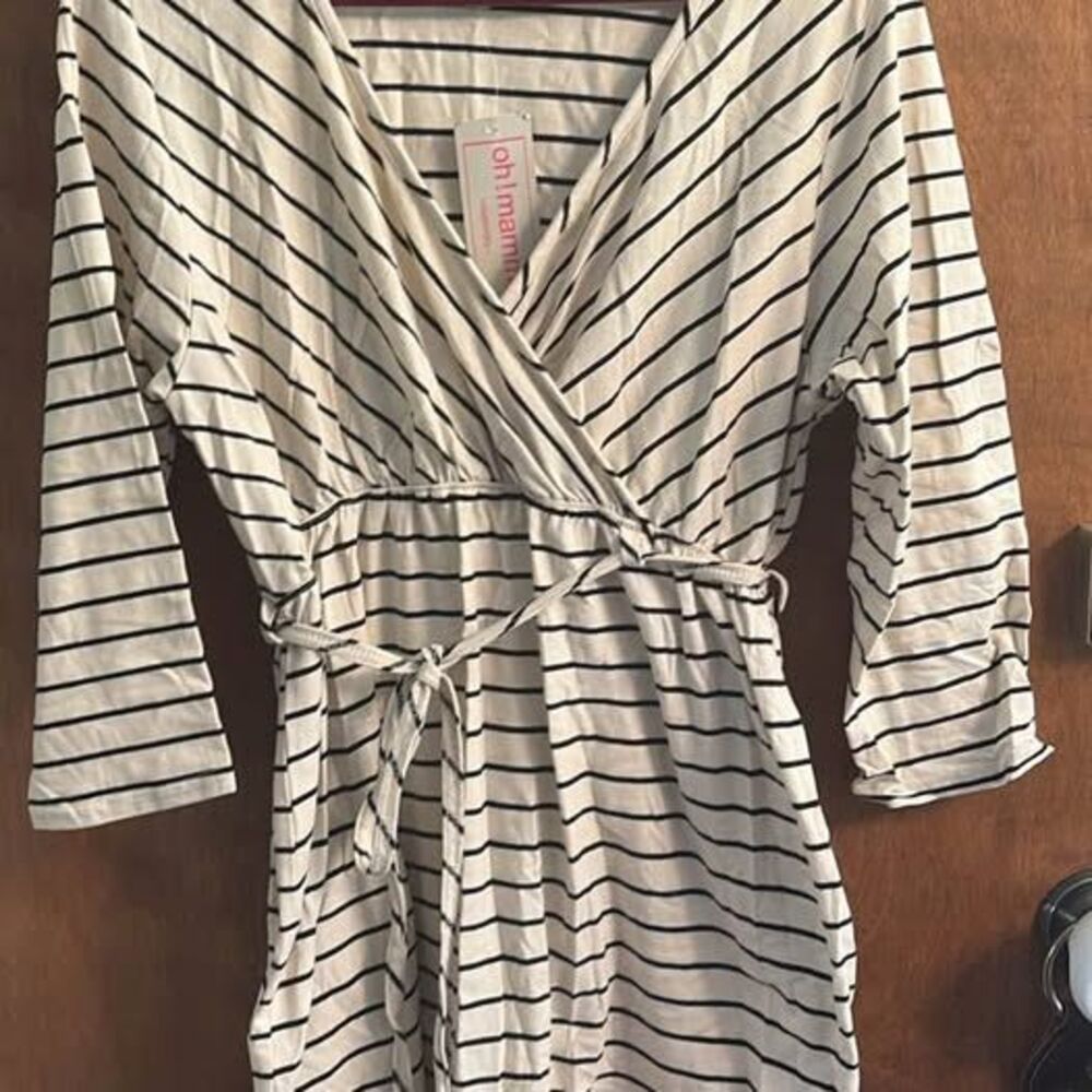 Maternity Tunic Top Shirt 3/4 Sleeve Belted White Black Stripes V Neck Womens XL